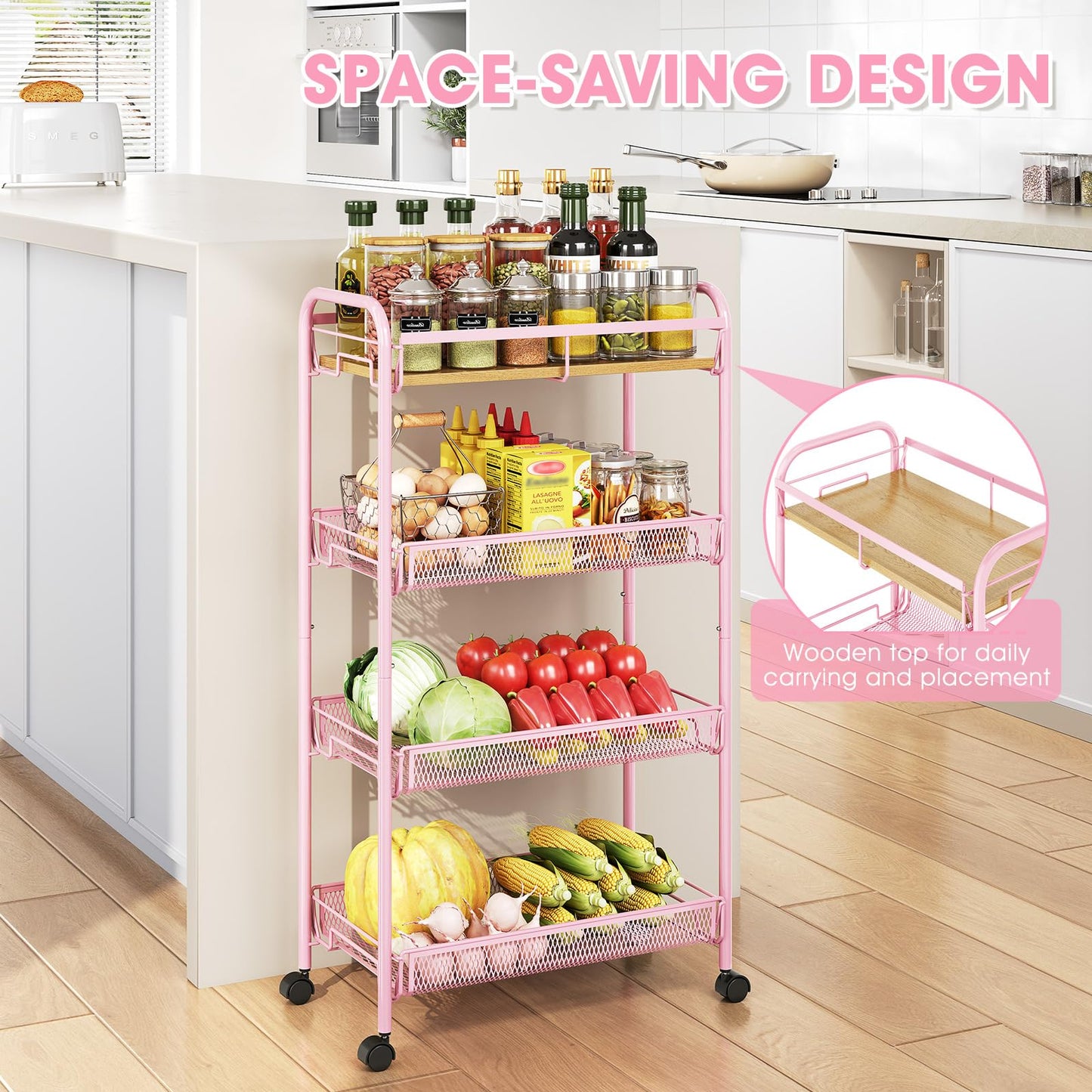 KINGRACK 4-Tier Rolling Cart with Wooden Tabletop & Mesh Baskets, Slide Out Metal Utility Cart