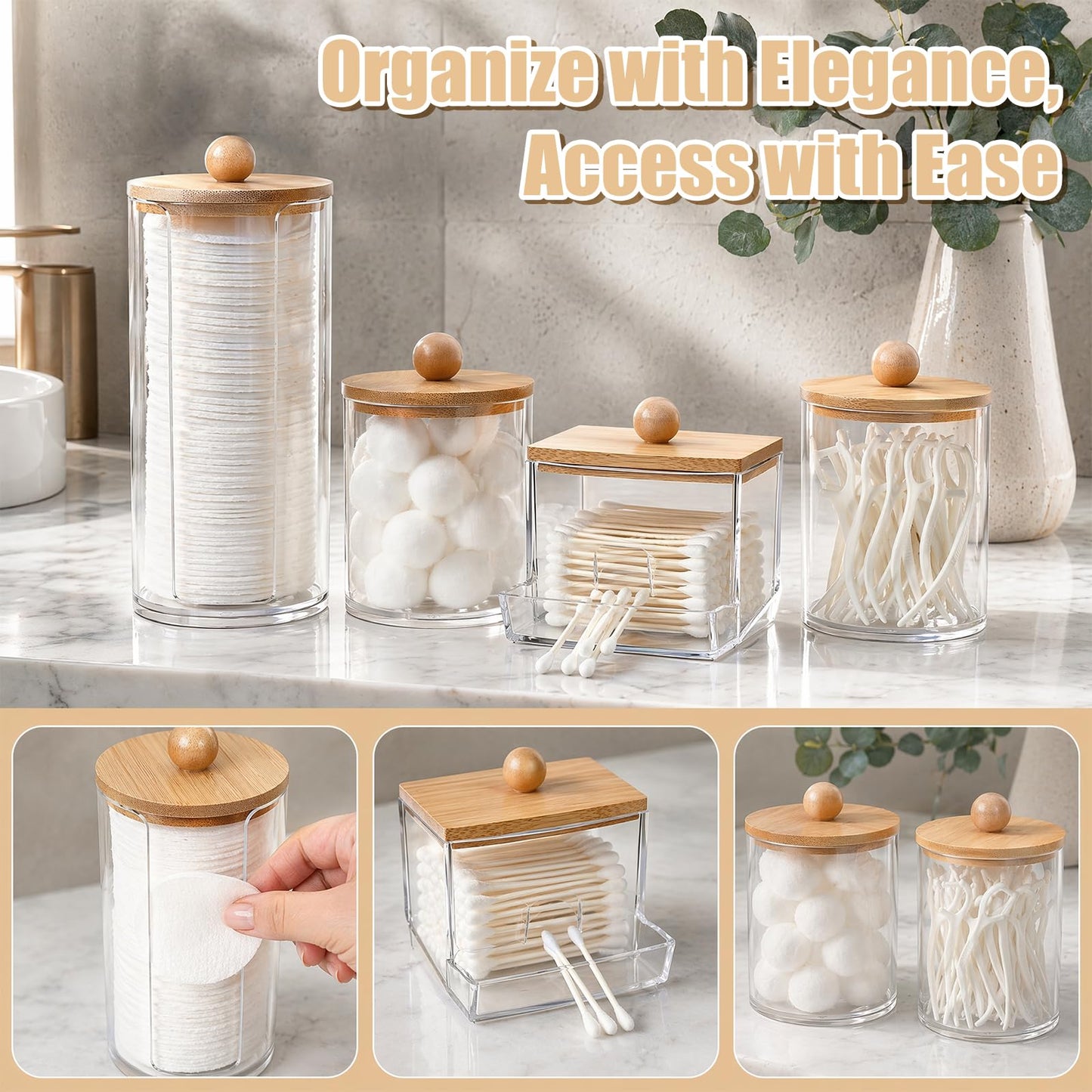 Yuaerbuo 4Pcs Cotton Bud Holder with Bamboo Lid, Cotton Swab/Ball/Pad Holder Dressing Table Accessories Compatible with Qtips Cottons Buds Organiser