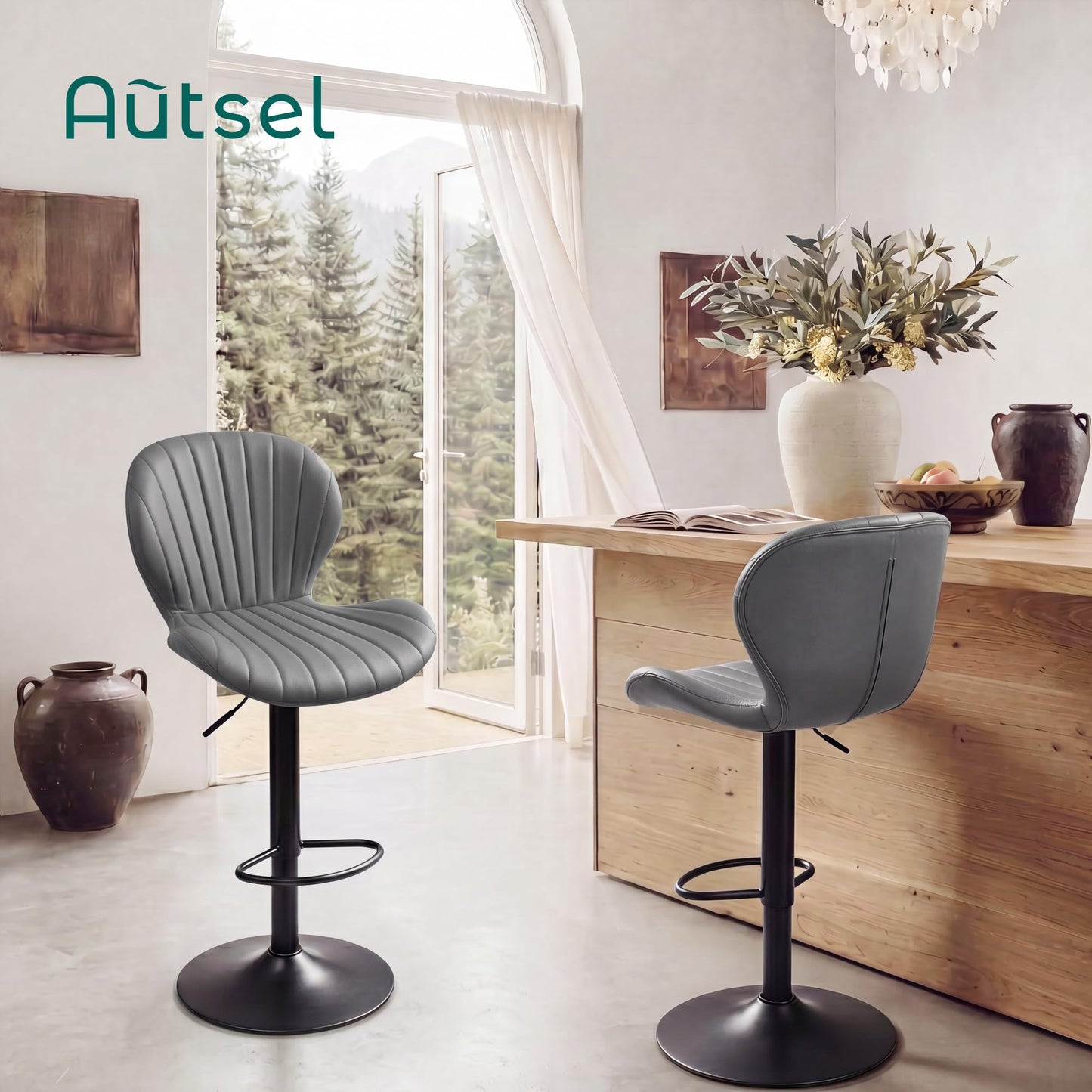 Bar Stools Set of 2, 360°Swivel Bar Chairs, Kitchen Dining Stools, Grey