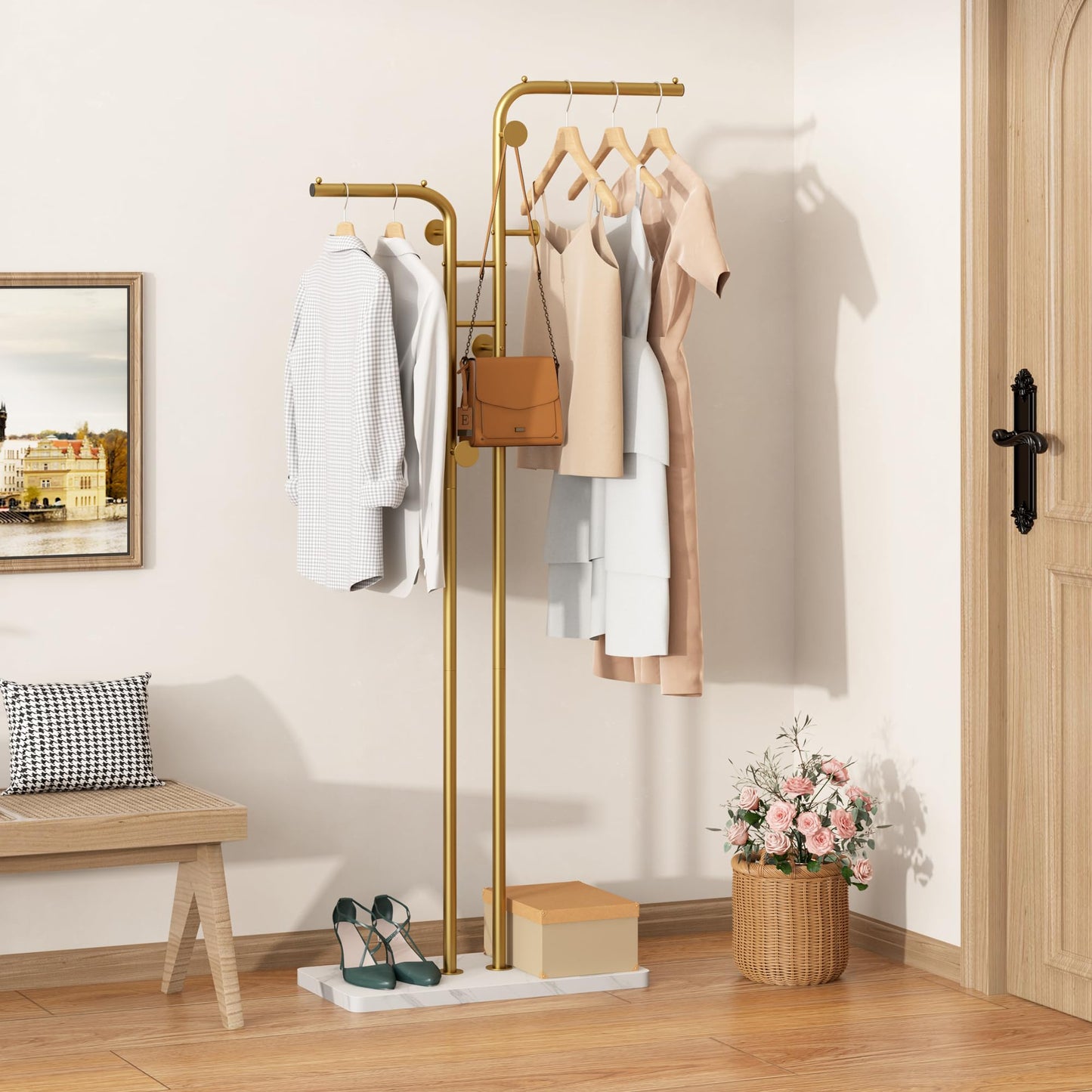 HOME BI Metal Coat Rack, Modern Coat Tree with 5 Hooks, Double-pole Clothes Hanger Stand, Freestanding Coat Rack for Entryway, Closet, Bedroom, Gold