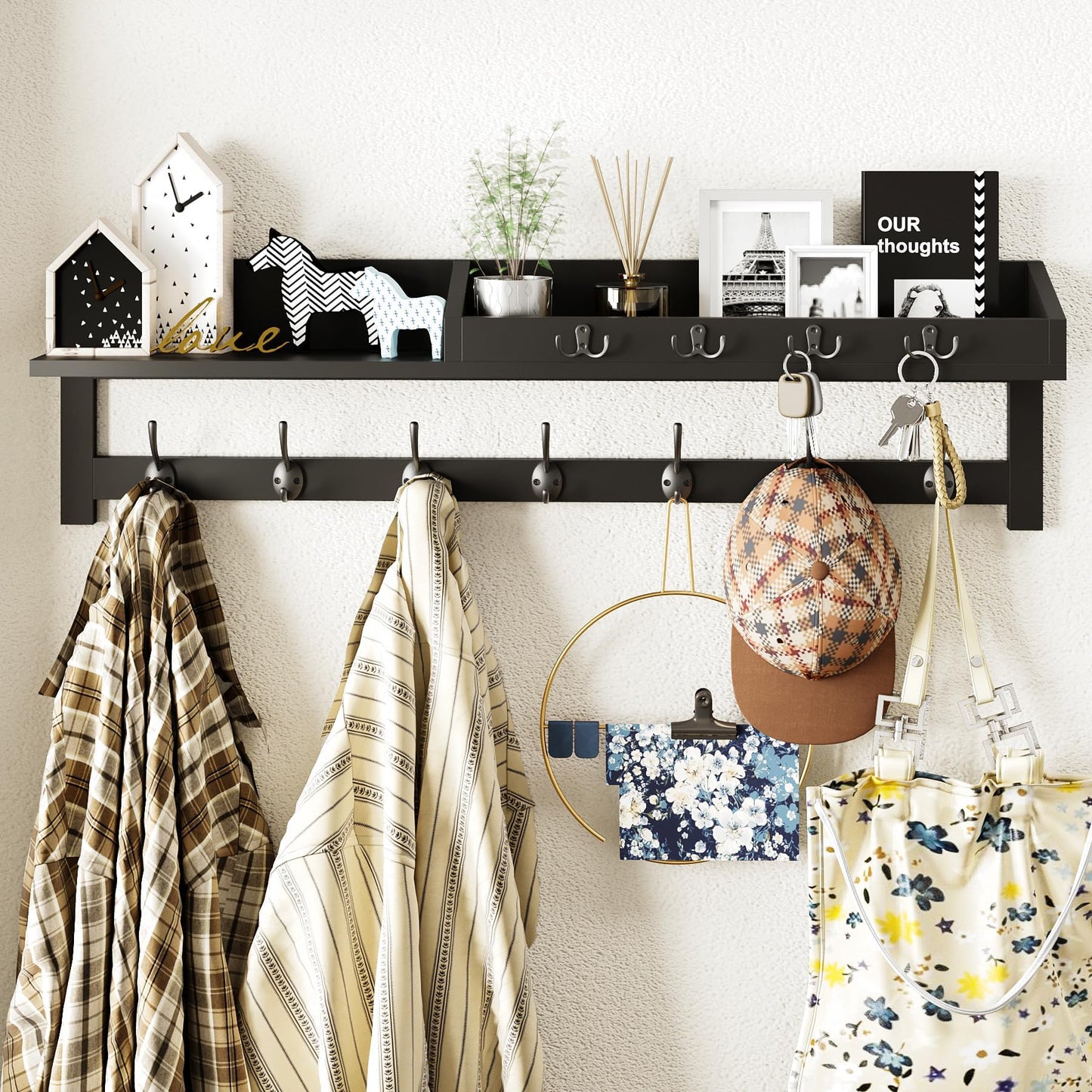AMBIRD 89cm Wall-Mounted Coat Rack, Large Coat Hanger, Entryway Shelf with 7 Dual Hooks and 4 Key Hooks, Mail Organiser, Wooden Key Holder (Black)