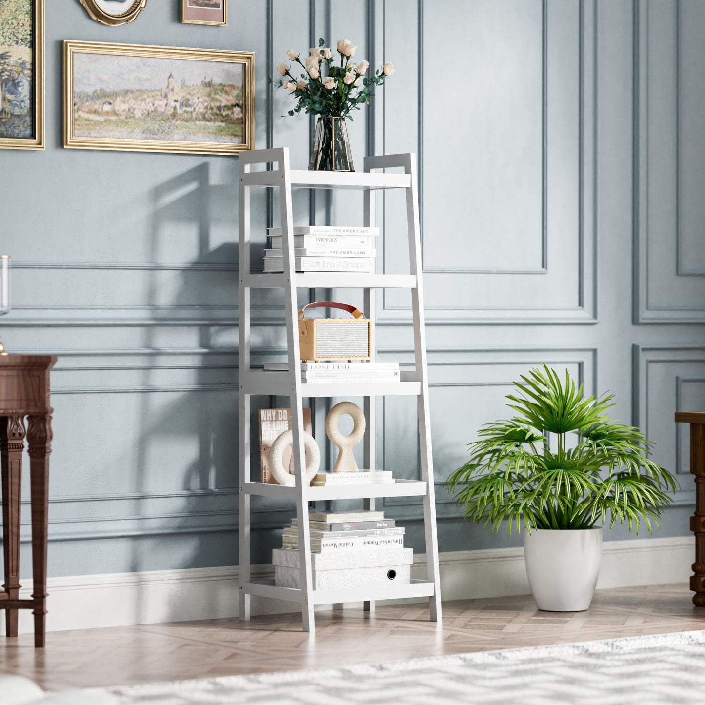 SMIBUY Bamboo Ladder Bookcase, Bathroom Storage Rack Organizer, 4 Tier and 5 Tier Freestanding Plant Display Stand Space Saver Shelves for Bedroom