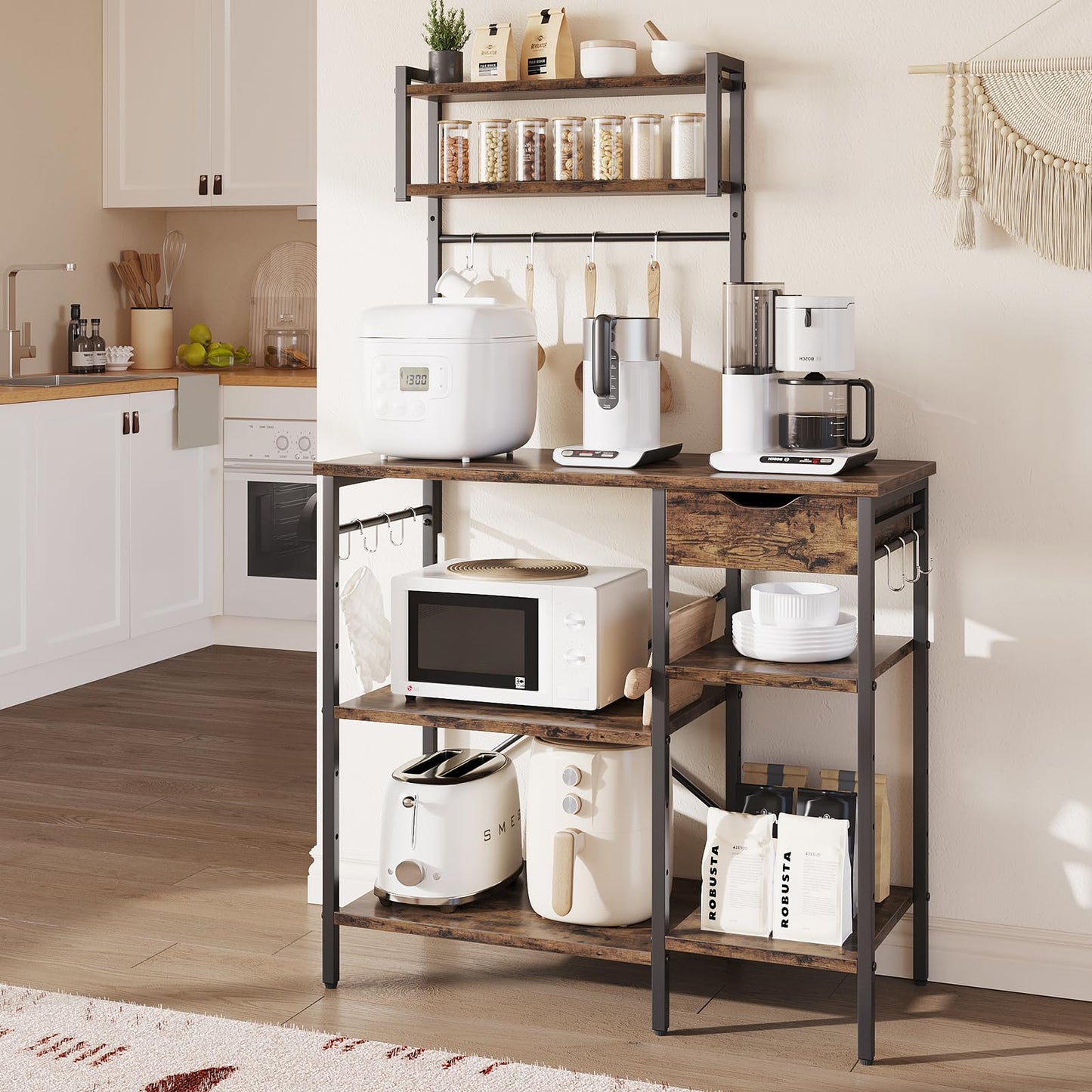 Bestier Microwave Oven Rack, 90cm Large Microwave Oven Kitchen Rack with 2 Height-Adjustable and Removable Shelves, High Load-Bearing Design, Drawers