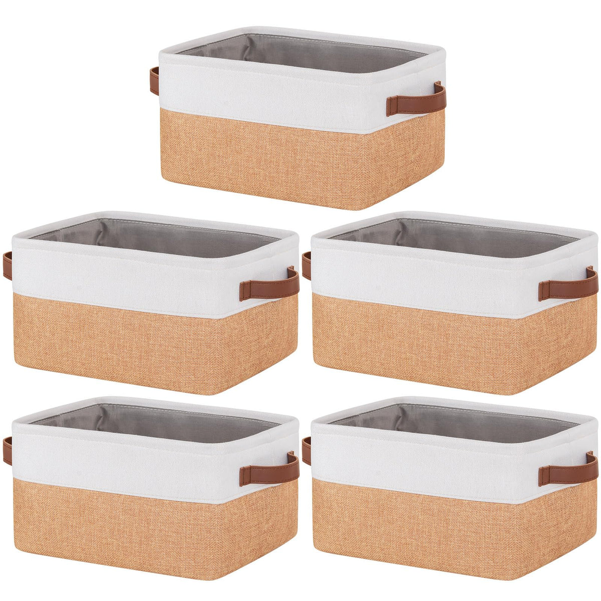 5 Pack Foldable Storage Bins with Handles, Natural Canvas Fabric Box Organizer for Shelves, Ideal for Clothes, Toys, Home Office Supplies 30x20x15cm