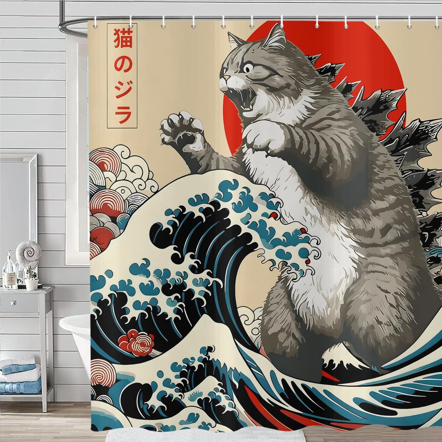 ASDCXZ Japanese Cat Shower Curtain 180x200 cm, Vintage Funny Japan Anime Cat Sun Wave Kids Animal Waterproof Bath Curtain Polyester Textile Washable