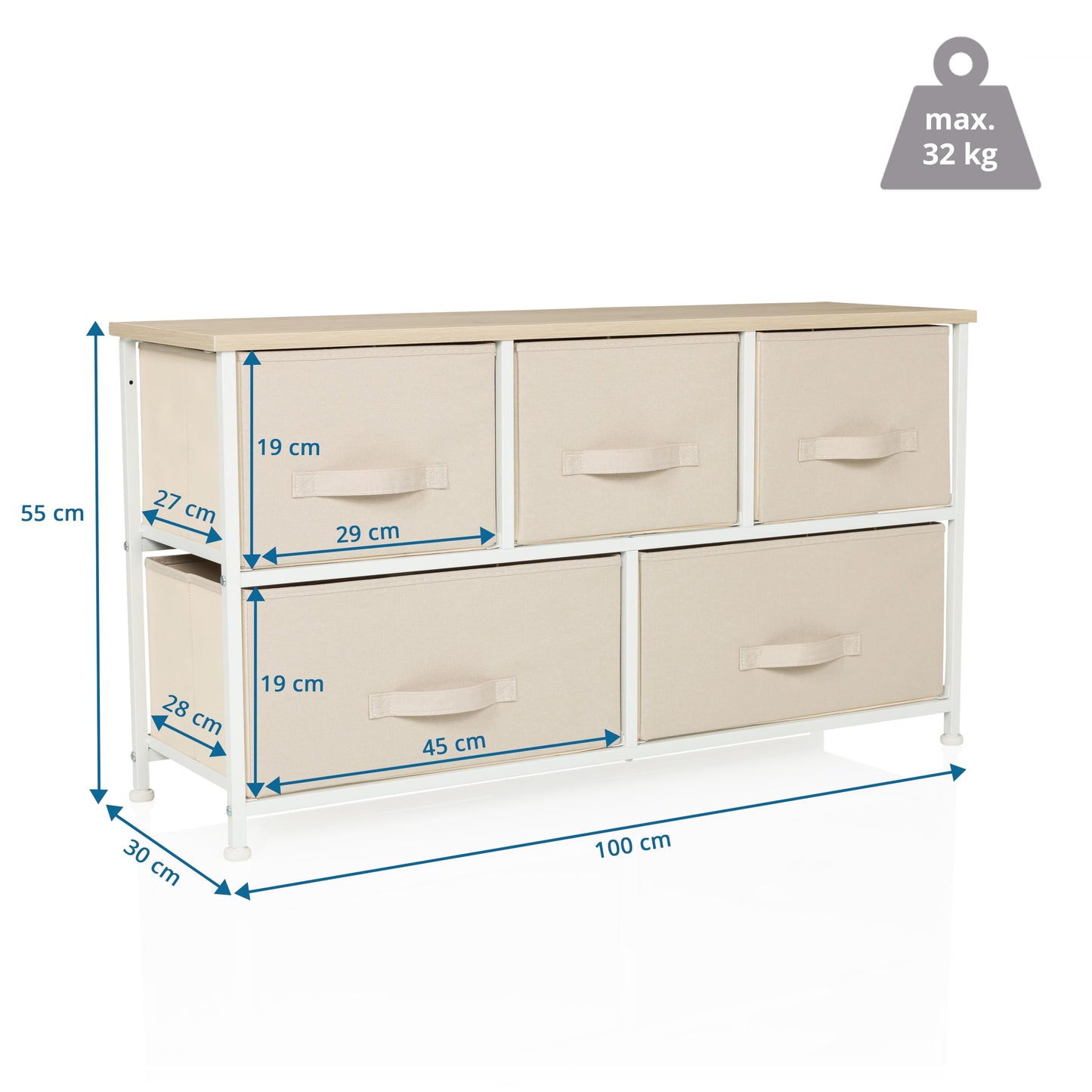 hjh LIVING Chest of drawers with 5 fabric drawers FOLDAR 100x30x55 cm Chest of drawers organizer, height-adjustable foot glides, metal frame, beige