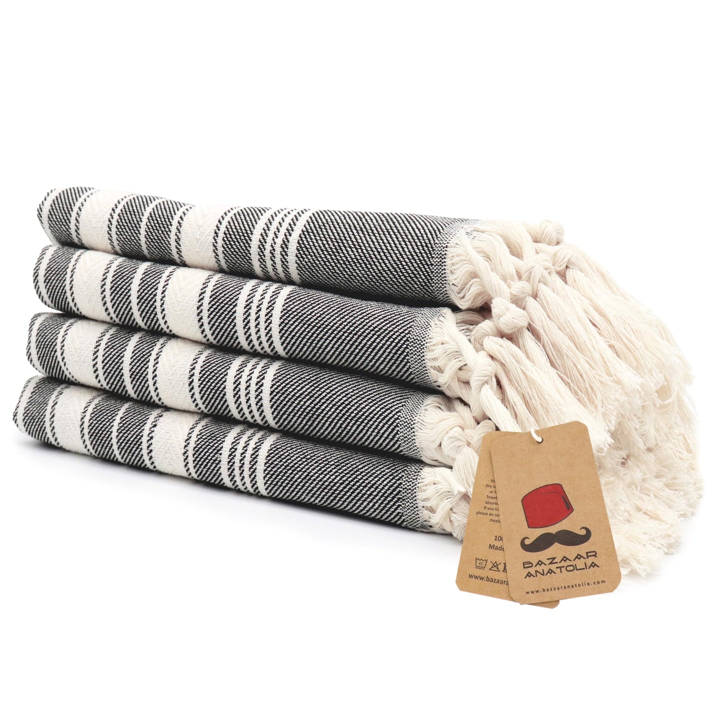 Bazaar Anatolia Turkish Hand Towels Set of 4 Bathroom Towels 39x19 inches 100% Cotton Bath Kitchen Towels with Hanging Loop Boho Farmhouse Decor -