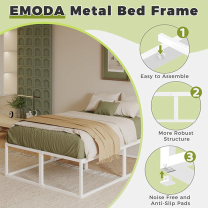 EMODA King Size Bed Frame 150x200 cm with Sturdy Slats Support, White