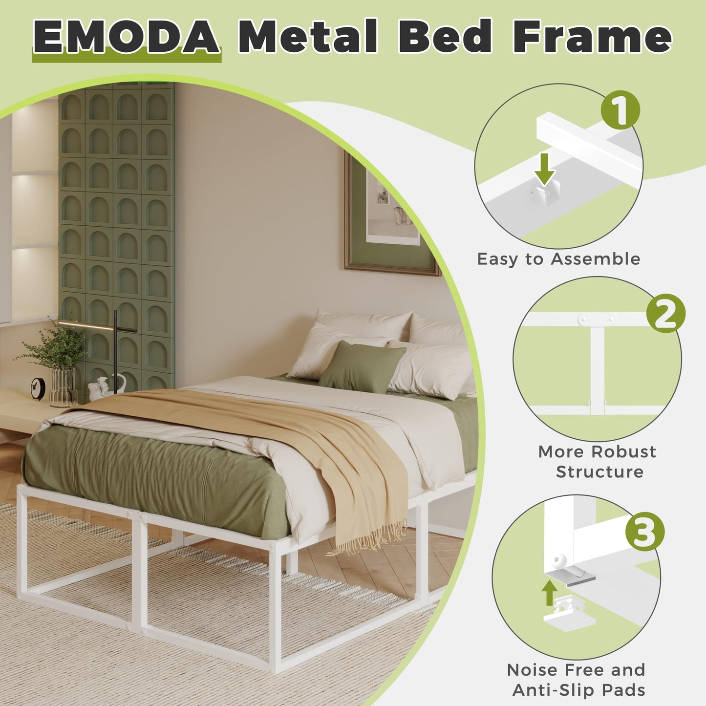 EMODA 46 cm High Metal Bed Frame 160x200 cm, White