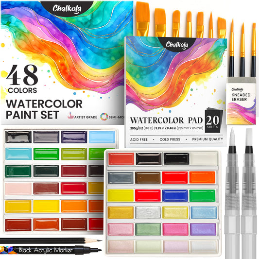 Chalkola Professional Watercolor Paint Set - 48 Semi Moist Water Colors Paint Adult Set, XL Pans | With Painting Brushes, Water Color Pad & Art