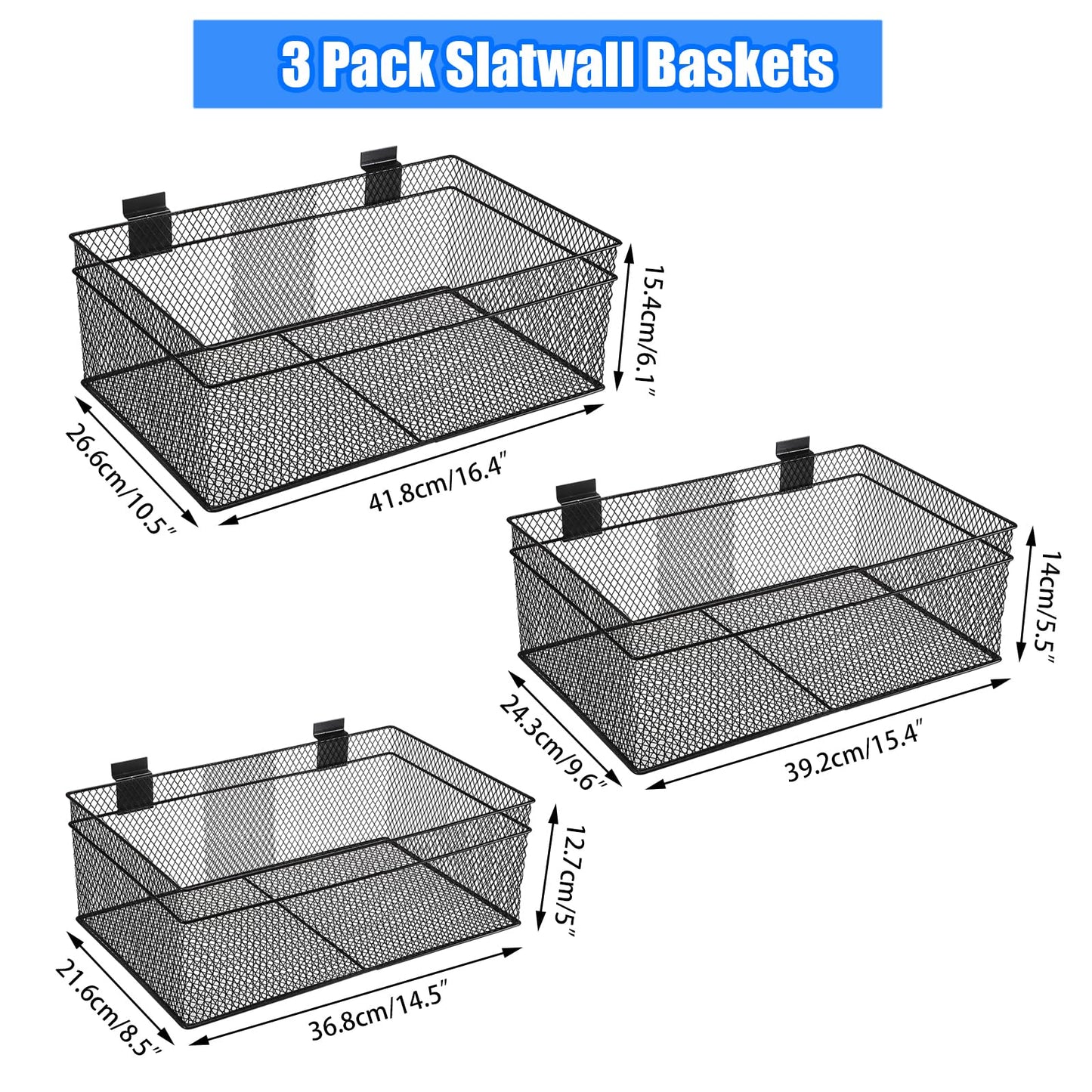 IGNPION Set of 3 Slatwall Storge Baskets, Metal Wire Slat Wall Panel Storage Bins, Garage SlatWall System Accessories Hanging Baskets