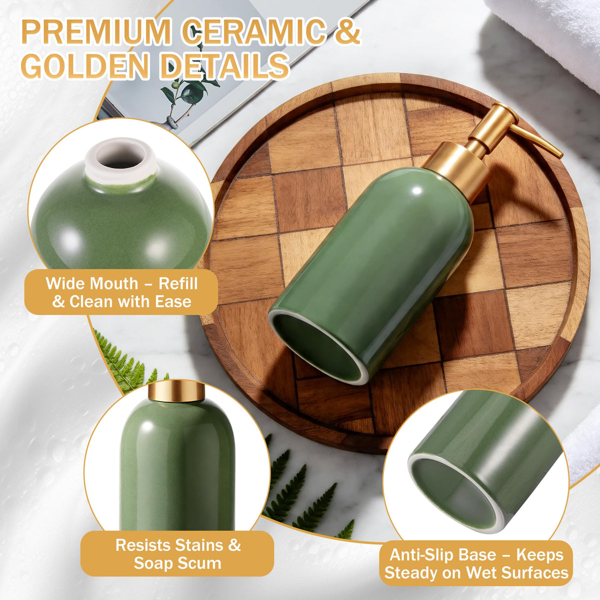 Hejo 350ml Ceramic Soap Dispenser with Matte Gold Pump, Refillable Liquid Hand Wash Soap Dispenser for Laundry Room, Bathroom & Kitchen Green