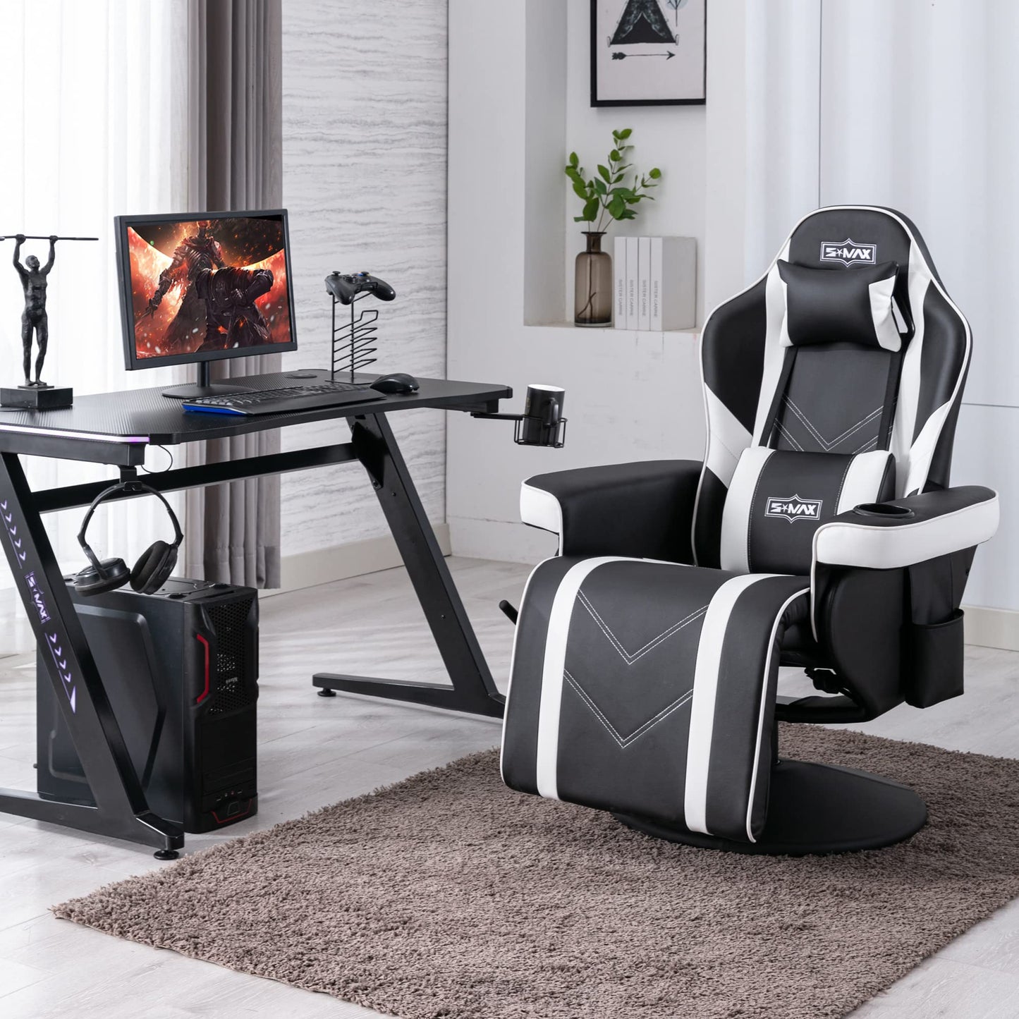 S*MAX Gaming Recliner Chair Ergonomic High Back Wide Lumbar Support Swivel PU Leather Cup Holder Adjustable Backrest Footrest Gaming Chair for Adults