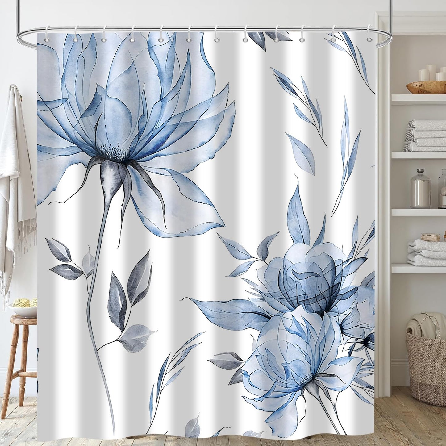 Hnmdmyi Watercolor Floral Shower Curtain 180x180, Blue Boho Flower Leaf Modern Minimalist Aesthetic Art Bathroom Curtains Waterproof Polyester Fabric