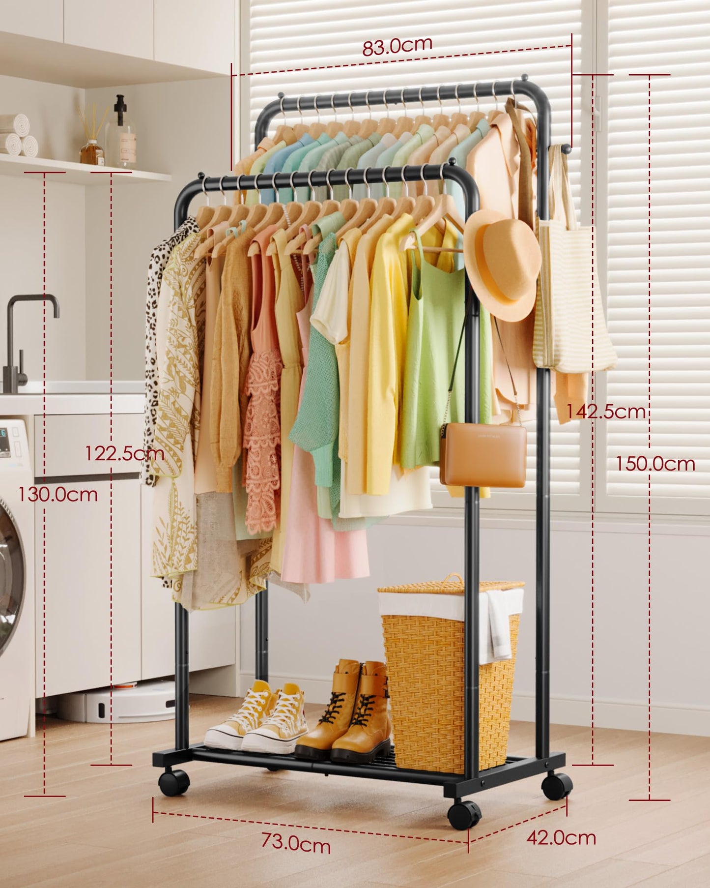Sakugi Double Rod Clothing Rack Shoe Shelf & Hooks, 73x42x150cm, Black