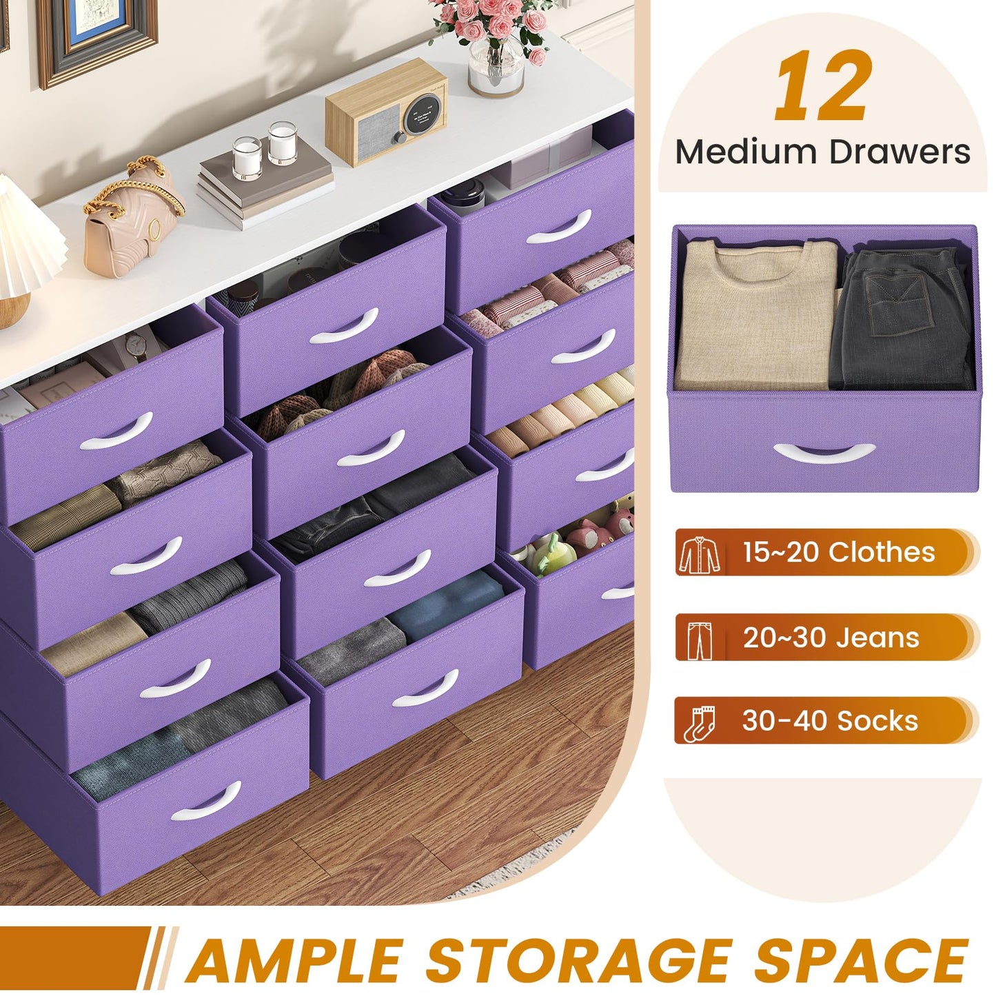 GoaHi Chest of Drawers with 12 Drawers,Bedroom Drawers, Fabric Dresser with Wood Top,Drawer Storage Unit for Bedroom, Living room,Purple