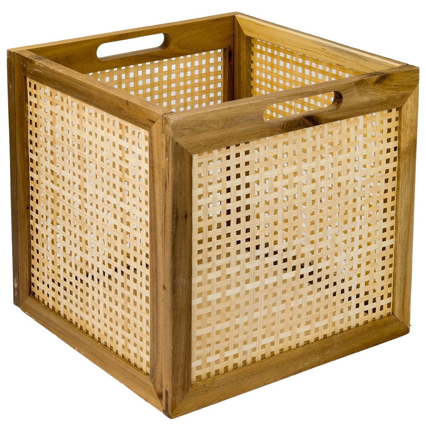 HMF Storage basket suitable for Kallax shelves, basket made of rattan with Viennese wicker and acacia wood, pattern 3, 32 x 34 x 32 cm