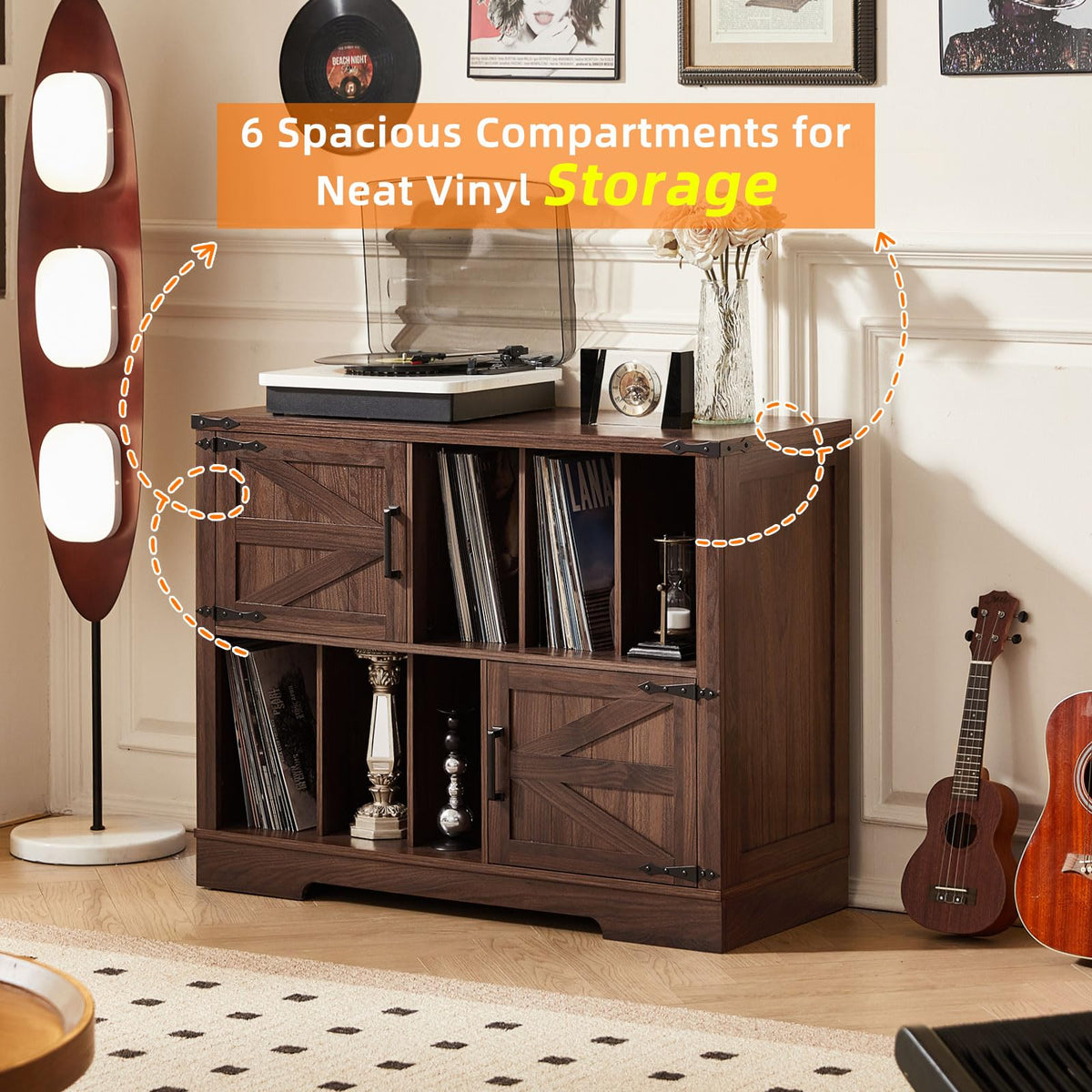 LELELINKY Record Player Stand with Storage, 1m Farmhouse Vinyl Cabinet