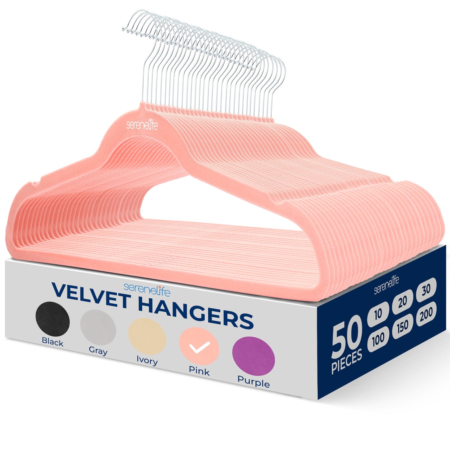 SereneLife Velvet Hangers, Pink, 50-Pack - Non-Slip Adult Coat Hangers