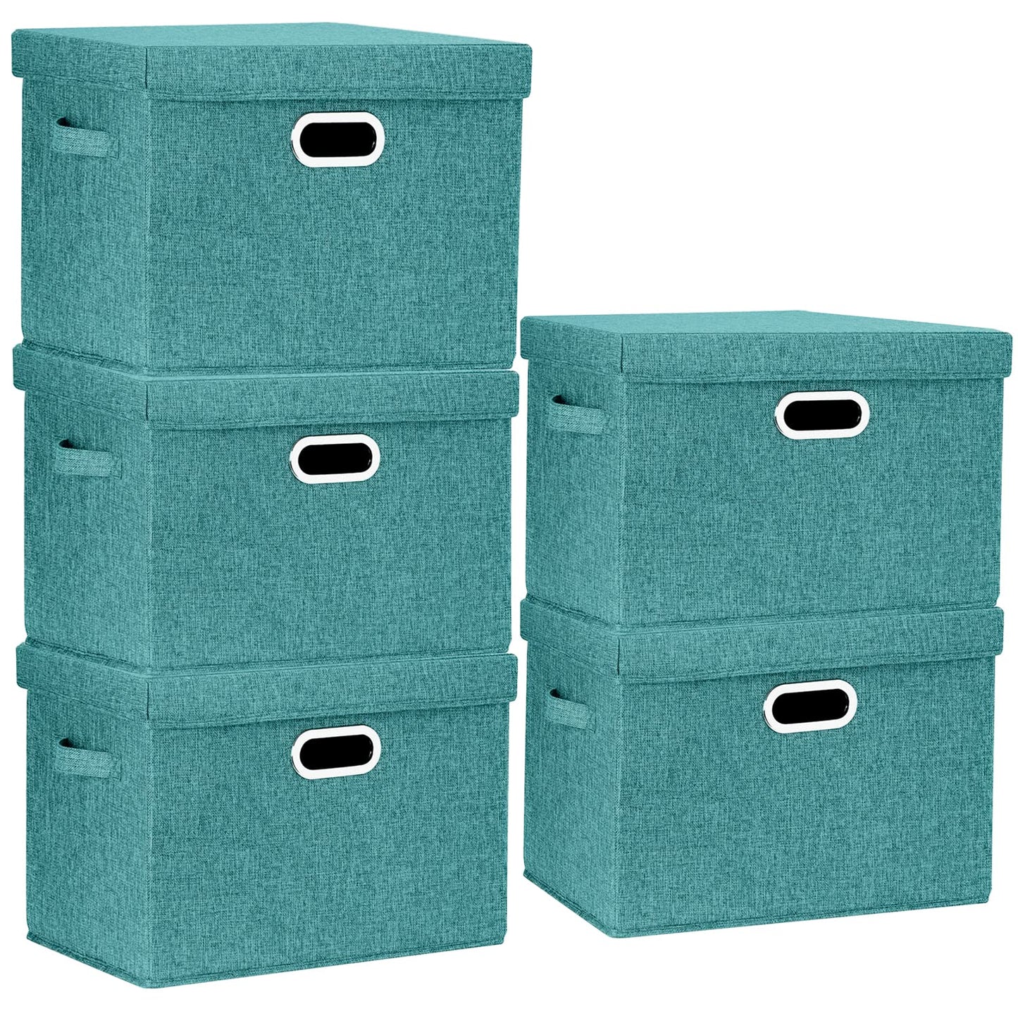TYEERS Large Storage Box with Lid, Collapsible, Washable, Fabric Storage Box for Clothes, Wardrobe Storage, 44x30x29 cm, Set of 5, Aqua Deep
