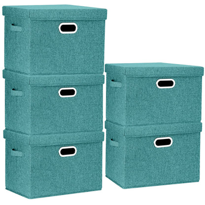 TYEERS Large Storage Box with Lid, Collapsible, Washable, Fabric Storage Box for Clothes, Wardrobe Storage, 44x30x29 cm, Set of 5, Aqua Deep