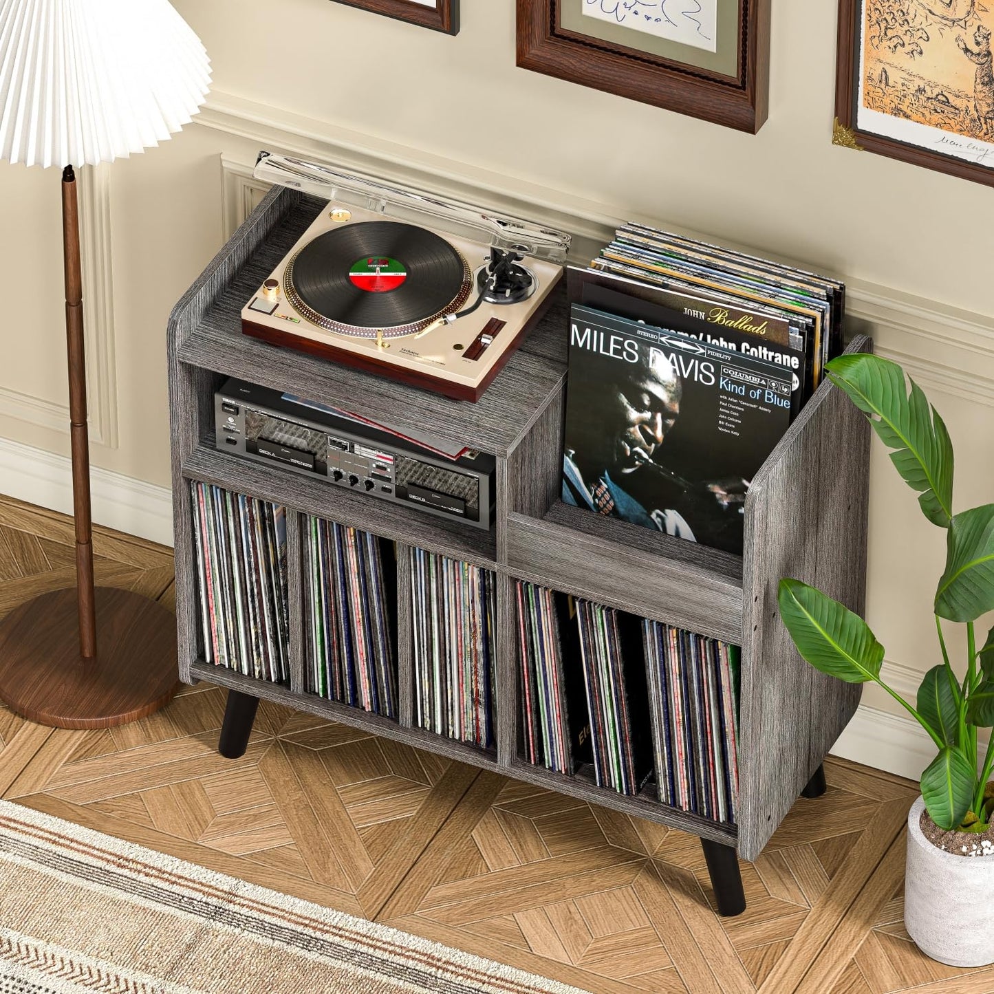 UODERS Record Player Stand, Large Record Player Table Cabinet with Open Vinyl Storage and Display Shelf Holds up to 350 Albums