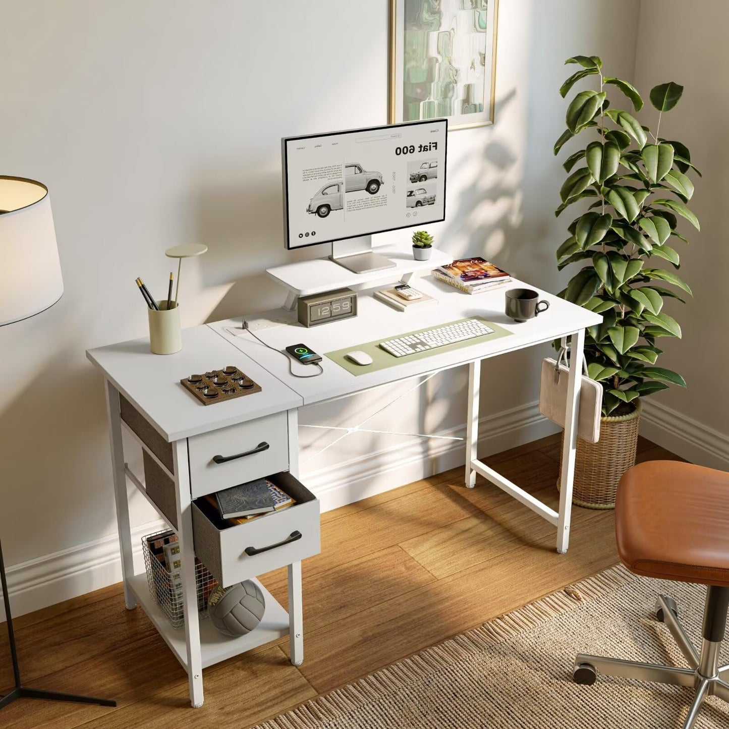 DOMSHOCT Computer Desk with Drawers & Power Outlets, 120*50cm Home Office Desk with Monitor Stand, Gaming Table with Reversible Storage Shelf & Hook