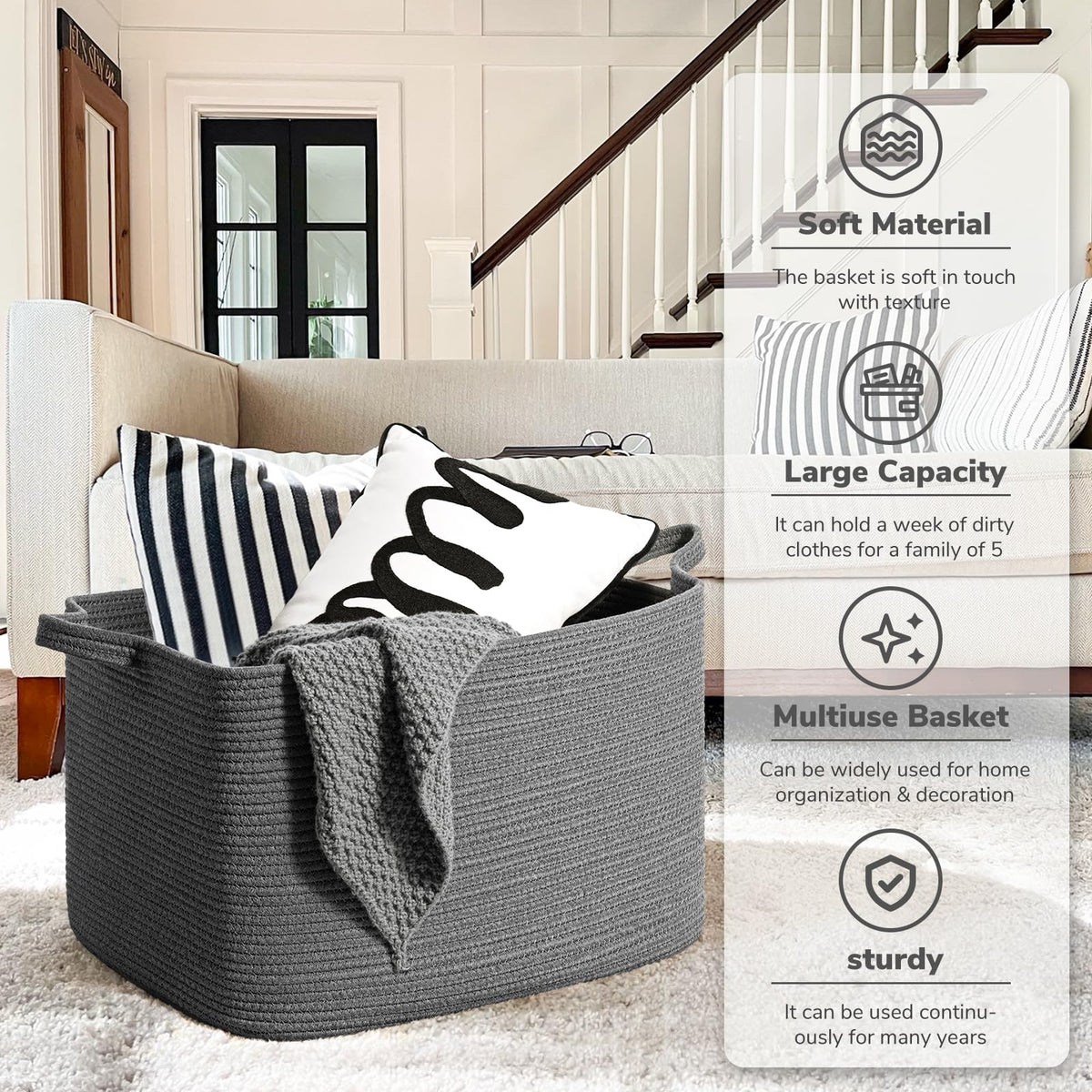 TIMEYARD 85L Extra Large Cotton Rope Storage Laundry Basket Dark Grey