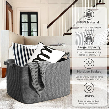 TIMEYARD 85L Extra Large Cotton Rope Storage Laundry Basket Dark Grey