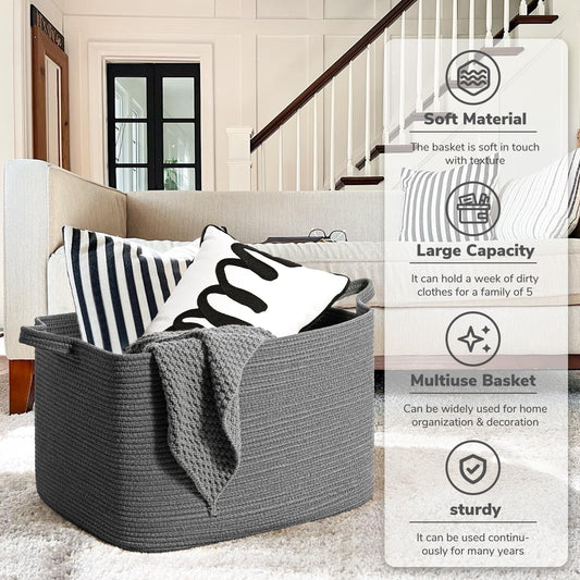 TIMEYARD 85L Extra Large Cotton Rope Storage Laundry Basket Dark Grey