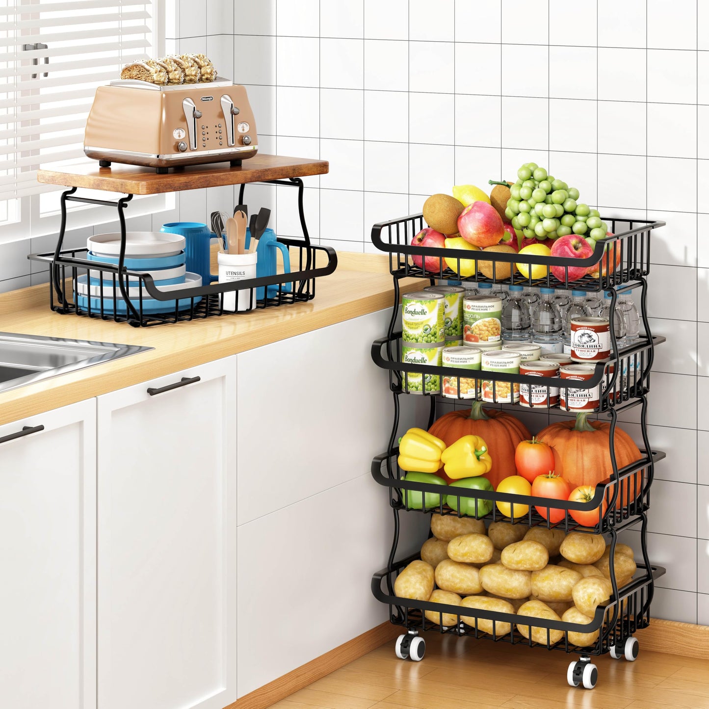 6 Tier Pantry Organisers and Storage Vegetable Fruit Basket for Kitchen, Stackable Flexible Design
