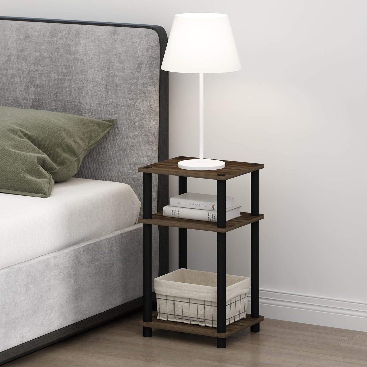 Furinno Just 3-Tier Turn-N-Tube Open Storage Nightstand, 1-Pack, Columbia Walnut/Black