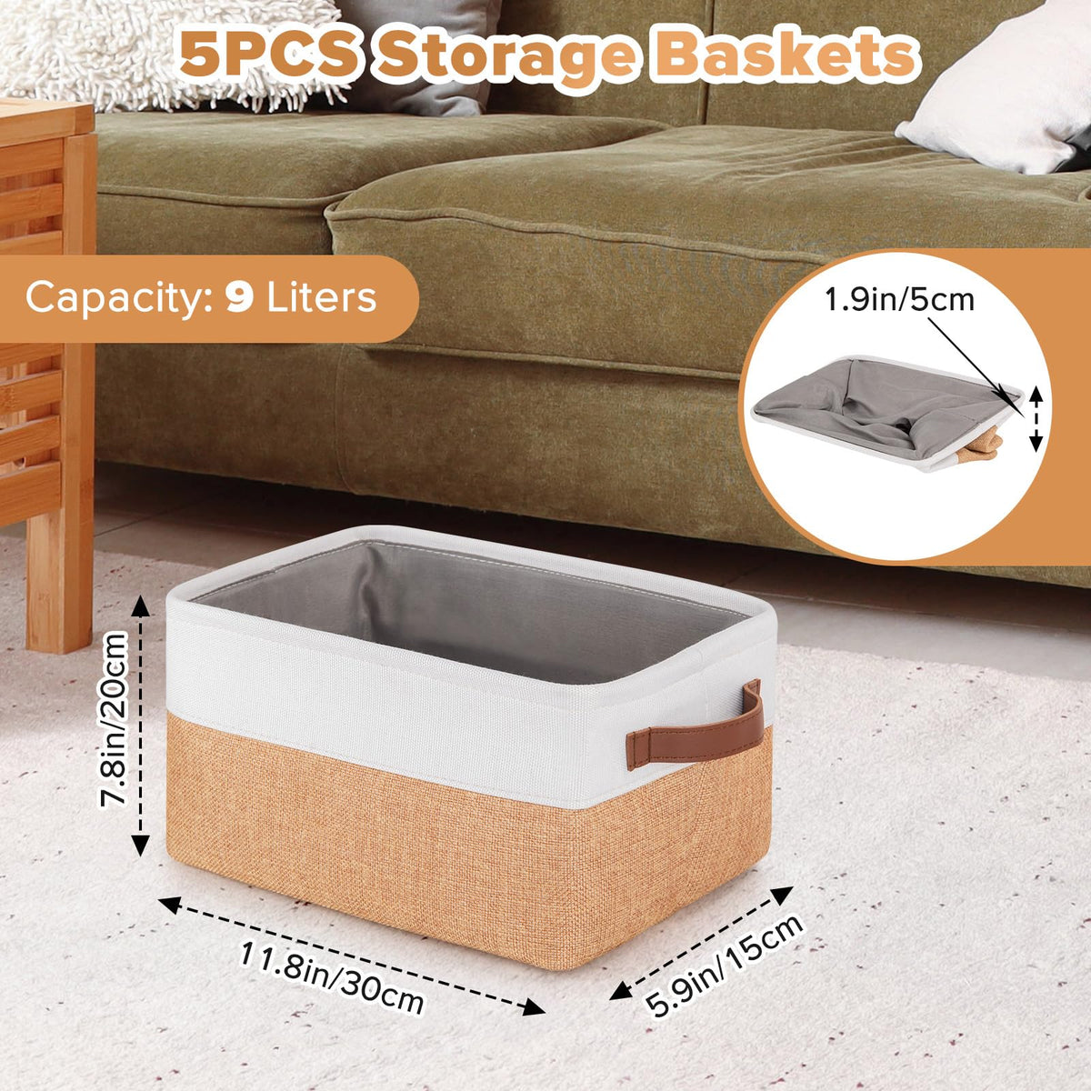 5 Pack Foldable Storage Bins with Handles, Natural Canvas Fabric Box Organizer for Shelves, Ideal for Clothes, Toys, Home Office Supplies 30x20x15cm