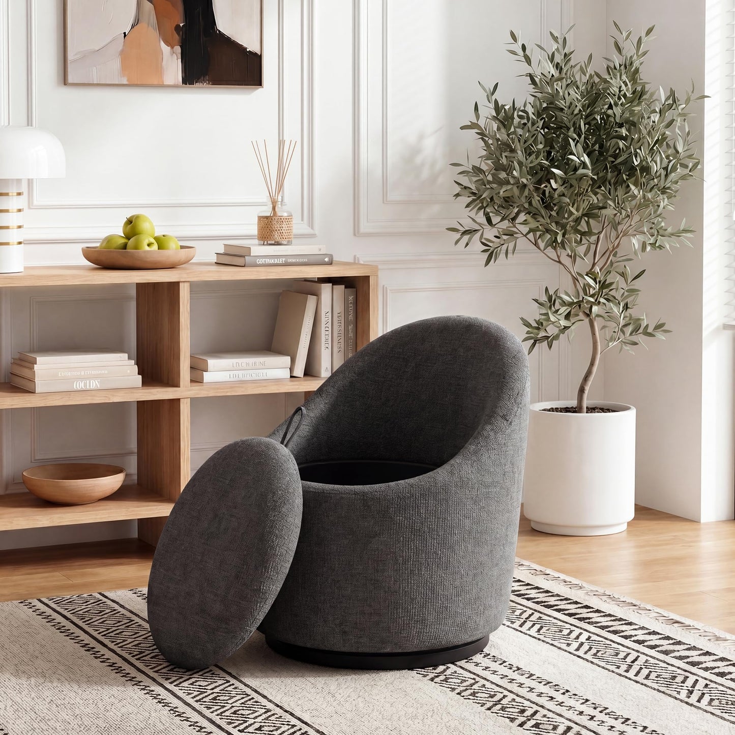 Barrel Swivel Accent Chair with Hidden Storage, 360° Rotating Lounge Chair, Upholstered Breathable Fabric, High Density Foam Seat