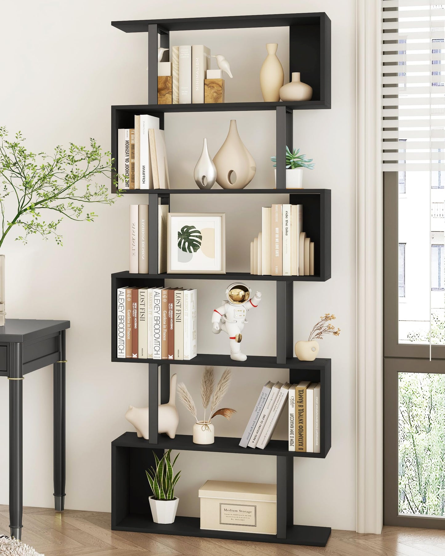Yusong Bookshelf 6-Tier, Geometric Bookcase S Shaped Book Shelves for Bedroom, Modern Wood Decorative Display Shelf Tall Book Case for Home Office