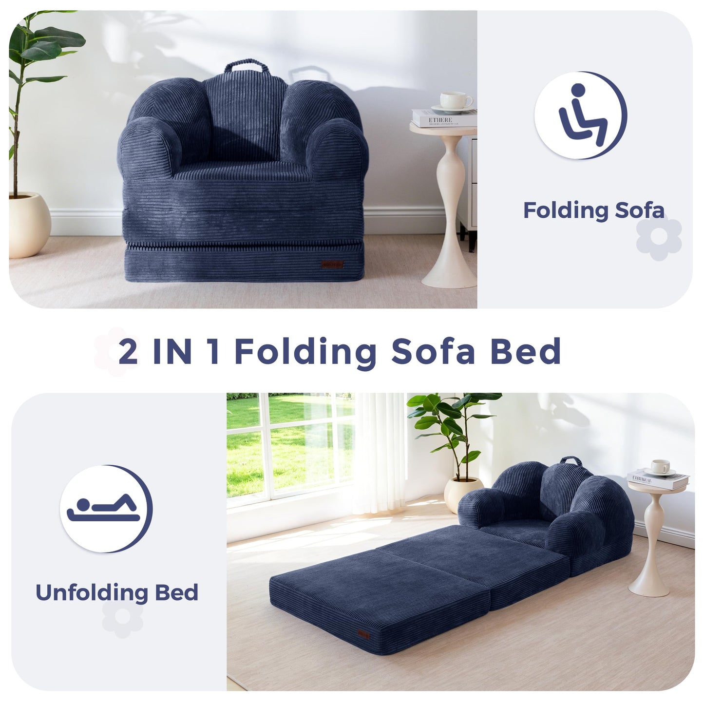 MAXYOYO Folding Sofa Bed with Backrest, Floral Shaped 2 in 1 Convertible Sofa to Comfy Faux Fur Bean Bag Chair for Adults