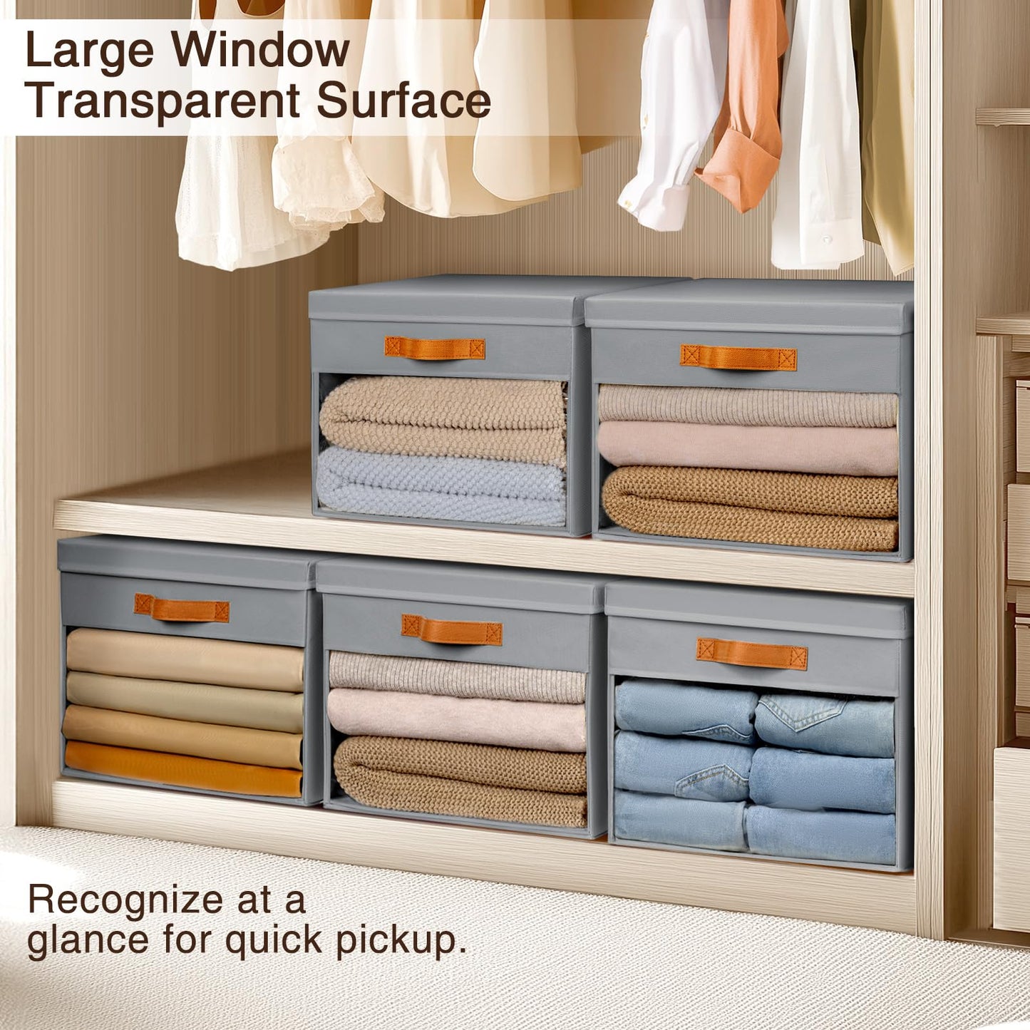 Large Fabric Storage Boxes with Lids & Clear PVC Window Foldable Grey 38L