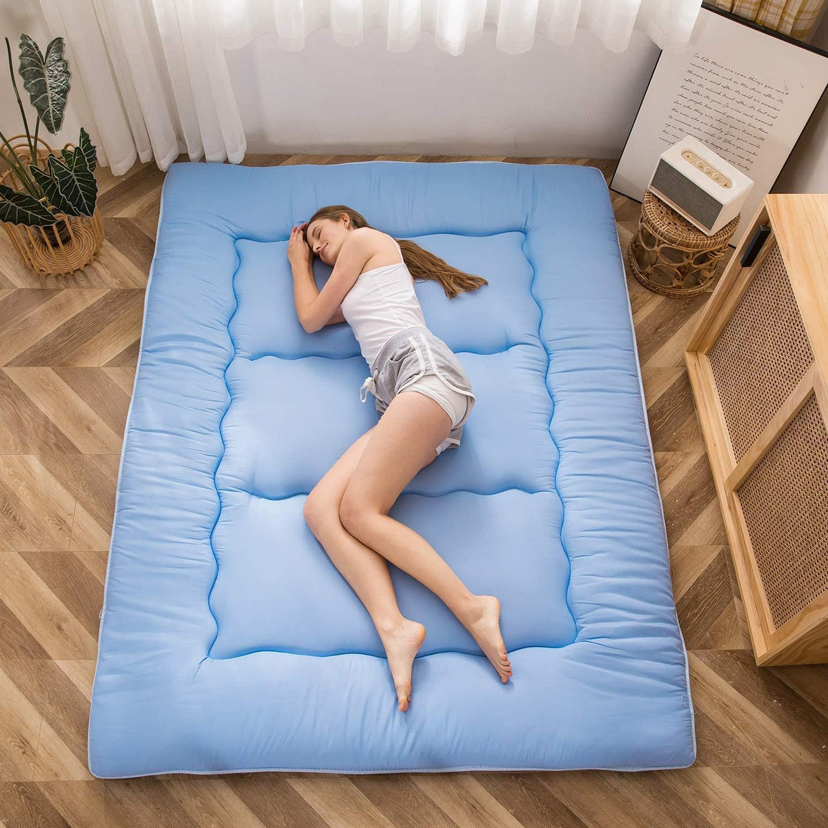 MAXYOYO Japanese Floor Futon Mattress, Thicken Tatami Sleeping Pad Foldable Roll Up Dormitory Mat Pad Floor Lounger Pillow Bed Dusty-Blue, Double
