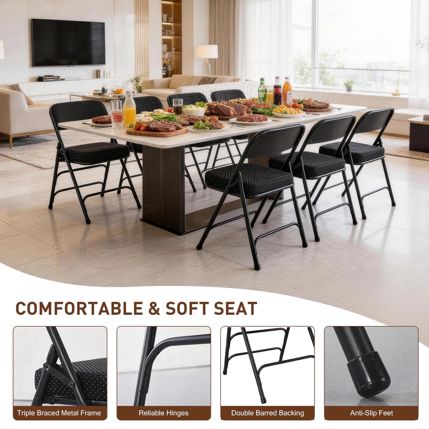BOOSDEN 2 Pack Padded Folding Chairs with Cushion, Fabric Foldable Chair