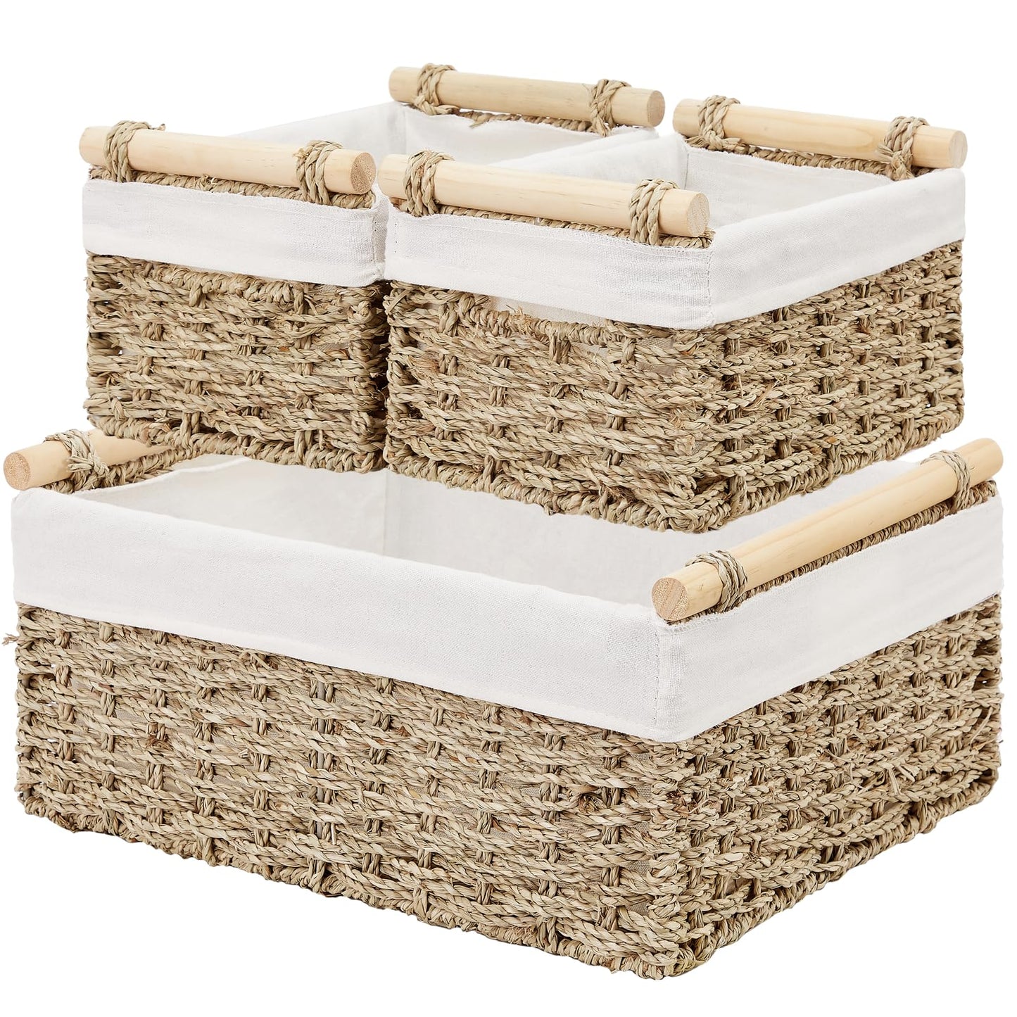 Vagusicc Large Seagrass Storage Basket with Handles, 38 x 30 x 17.5 cm, Set of 3 Hand-woven Wicker Organiser Bins with Cloth Lining