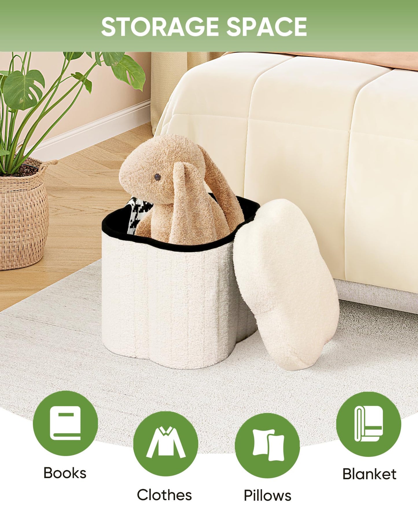Bonlife Storage Ottoman,Toy Chest Flowers Ottomans with Storage Foot Stool Footrest for Bedroom, Boucle Ottoman Seat for Living Room,Cream 32x32x32cm