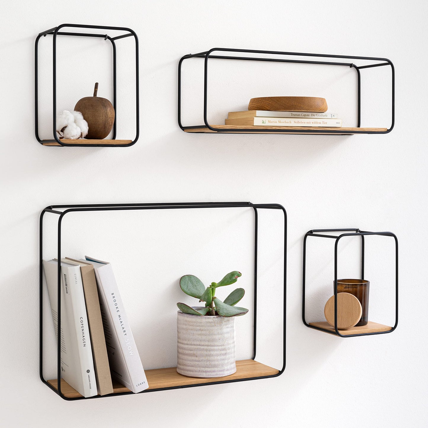 Kazai. Wall Shelves -Jona- | 4-Part Shelving Unit made of Metal and Real Wood Veneer | Wall Decor, Storage and Book Shelf for Bathroom, Living Room