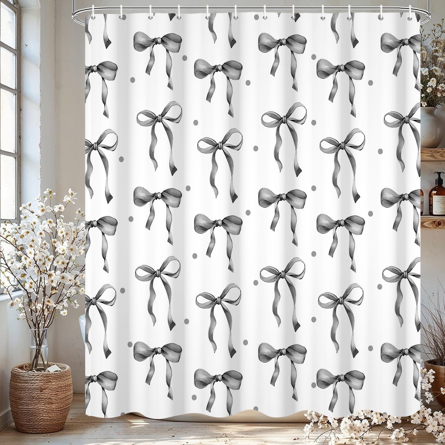 GCIREC Shower Curtain, 180x200cm, Gray Cute Aesthetic Bowknot Bows Waterproof Fabric Machine Washable Bathroom Curtain with Hooks