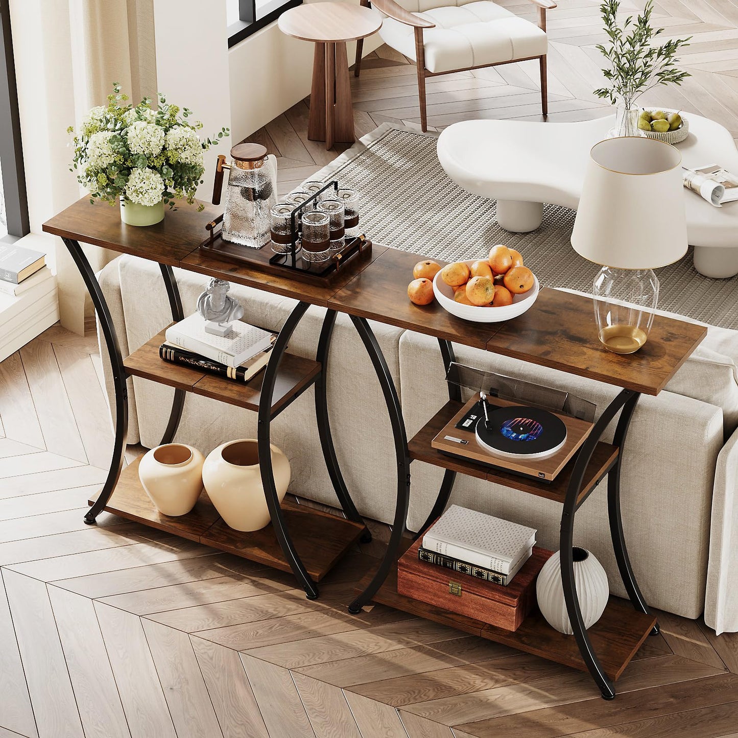 Trironsun Rustic Narrow Console Table with 3 Tiers, Slim Hallway Table with Curved Metal Frame and Open Shelves