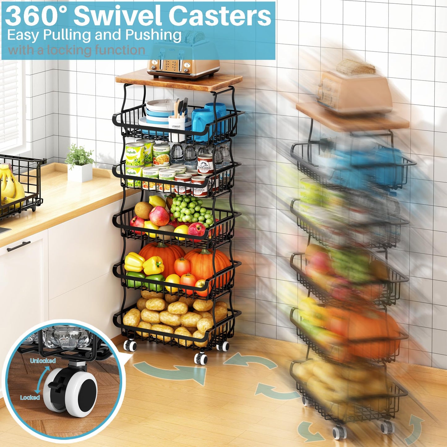 6 Tier Pantry Organisers and Storage Vegetable Fruit Basket for Kitchen, Stackable Flexible Design