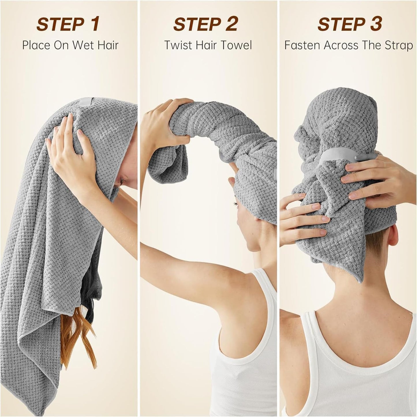 Eyeleaf Microfiber Hair Drying Towels,100 x 60cm,Quick Dry,Super Absorbent, for Long,Thick, Curly Hair 2pcs (Grey)