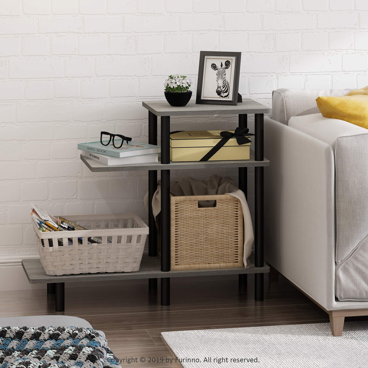 Furinno TURN-N-TUBE Side Table, 3-Tier L-Shape End Table with Open Shelf, Tall Toolless Night Stand, Bedside Table, for Living Room, Bedroom