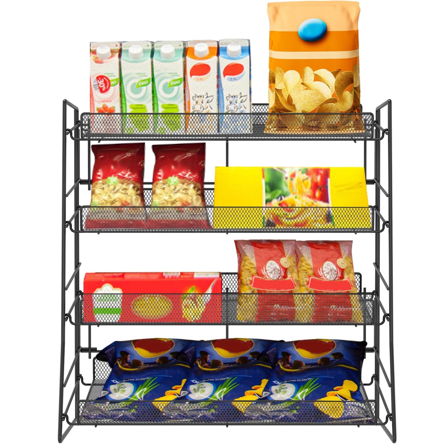 BUTORY 4 Tier Candy Display Rack Stackable Organiser for Snacks Compact Easy to Assemble Countertop Chip Rack Display Stand Chip Bag Holder Snack