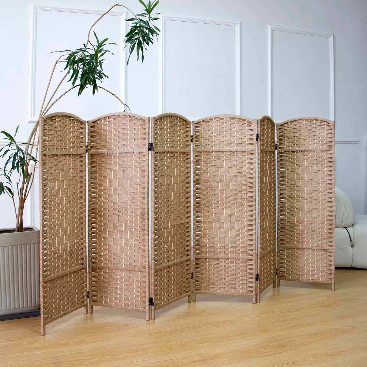 Furnnylane 6 Panel Light Brown Rattan Divider Short Room Partition Screen,Double Sided Short Folding Divider for Room Separation,120 cm Tall