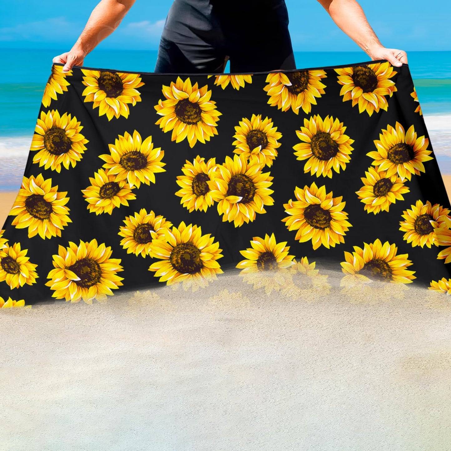 Violetpos Sunflower Print Beach Towel, Extra Large 180x90 cm 250GSM Microfibre, Sand Free Quick Dry